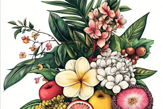 paint watercolor botanical illustration of flowers, plants, fruits