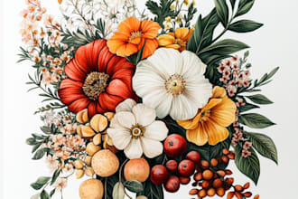 draw botanical illustrations of flowers, plants and fruits