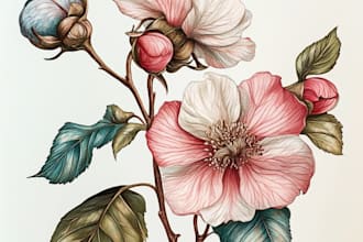 create botanical illustration of flowers, plants, and fruits for you