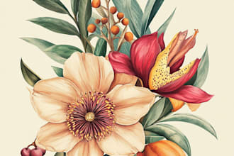 create botanical illustrations of flowers, plants and fruits for you