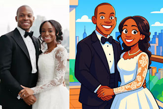 design a custom cartoon couple wedding invitation illustration