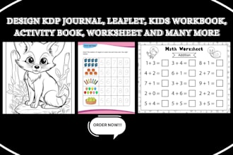 design kdp journal, leaflet, kids workbook, activity book worksheet design