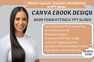 do canva ebook design, book formatting layout, journal design workbook ppt slide