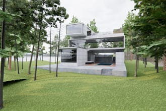 golf simulator space,loft house, facade, villa interior,outdoor render, backyard