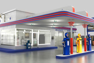 3d gas station, plaza render, filling station, petrol station,oil station design