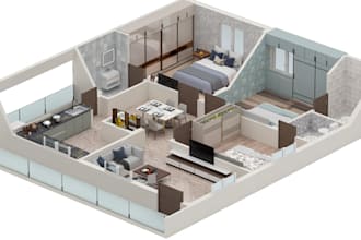 renovate 3d luxurious family apartment, master bedroom, stylish living area, bim