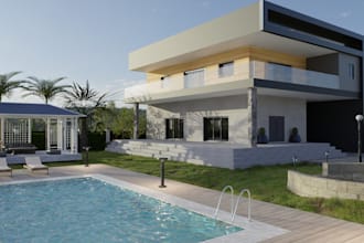 refurbished 3d exterior design,villa house,pool patio,d5 render, backyard design