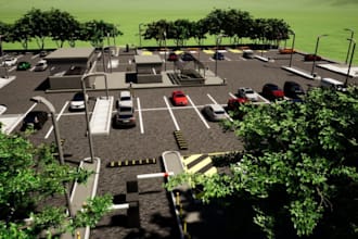 spacious public parking lot,3d resort design,amusement park,restroom render,cad
