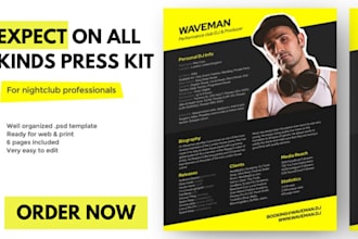 design electronic press kit, one pager, dj epk speaker media kit marketing flyer