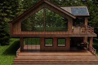 render 3d modern wooden house exterior, interior livingroom,dialux lightning,cgi