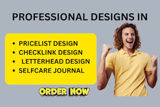 design checklist,  price list, self care, letterhead, journal, layout journal