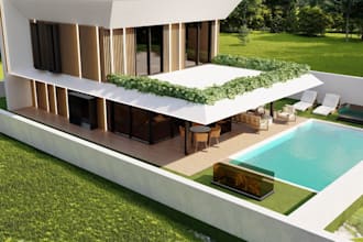 redesign 3d villa interior,cozy bedroom, rendering, swimming pool, 3d exterior