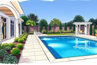 design detailed backyard, garden, swimming pool, landscape, 3d rendering