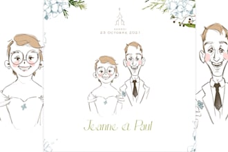 draw bride and groom portraits for you wedding invitation