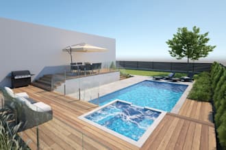 do a 3d photorealistic design of backyard, patios, greenhouse, and terrace