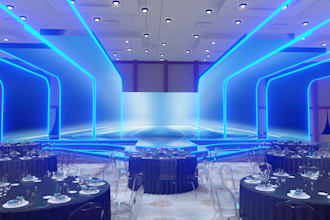 create 3d photorealistic design for wedding venue, event hall, warehouse render