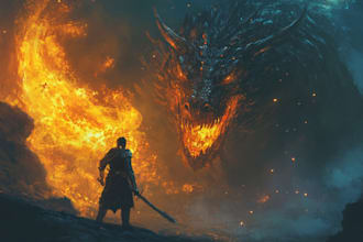 create an epic fantasy artwork with monsters, dragons, castles