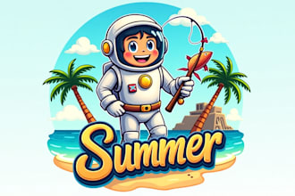 make astronaut fishing on summer island mascot logo for your company