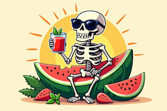 create skeleton drinking o watermelon logo within two days