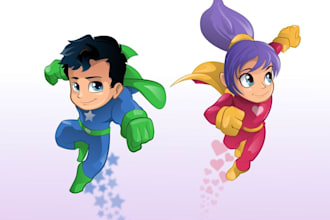 design cute boy and girl superhero characters logo
