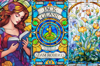 amazing fantasy book cover illustration character image in stained glass art