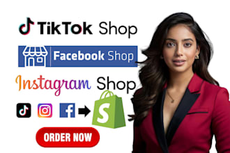 setup facebook shop, tiktok shop, instagram shop and shopify store integration
