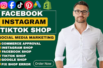 setup facebook shop, tiktok shop, instagram shop and shopify store integration