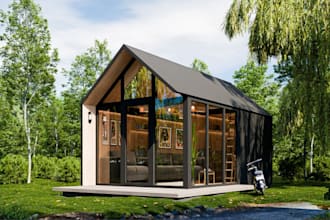 modern 3dtiny house,cottage exterior,furniture setup,ceiling,cgi interior render