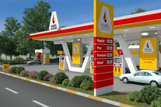 stylish 3d gas station design, car wash render, warehouse interior in sketchup,