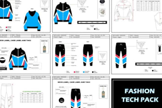 create factory ready tech pack and clothing tech pack flat sketch for production