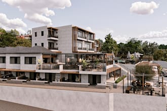 renovate luxury exterior hotel, 2d floor plan, landscape elevation, rhino render