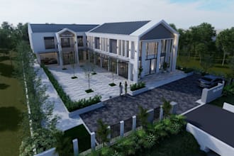 photorealistic 3d villa,mansion house design,3d front yard pool,patio, landscape