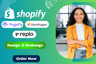 design shopify landing page with pagefly or gempages, replo