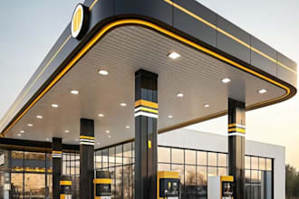 create realistic 3d fuel station design, gas station interior, and 3d rendering