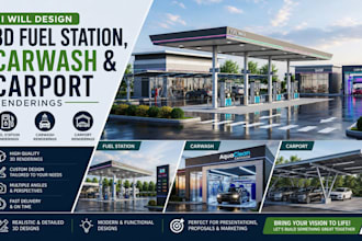 design 3d fuel station, carwash and carport renderings