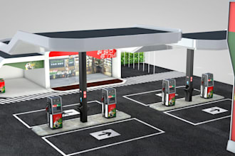 design a realistic 3d fuel station, gas station, and petrol station rendering