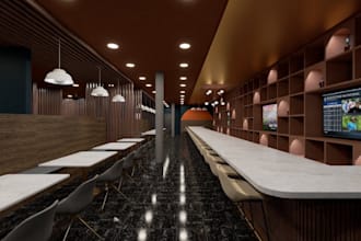 refurbished modern golf simulator,sport facilities,golf bar interior, tiles cgi