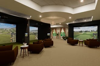 craft 3d interior design, cgi golf simulator lounge, gymnasium, sport arena,bar
