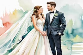 make couple and wedding watercolor portrait and illustration in digital