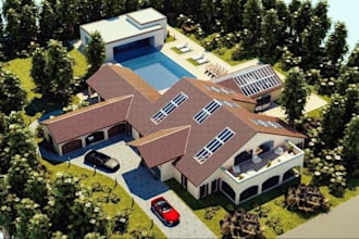 build cgi barndominium design,house design,pool, floor plan, villa house design