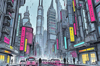 draw illustration of futuristic cyberpunk city