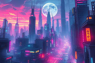 do a futuristic cyberpunk city and digital art illustration