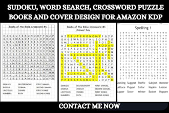 create sudoku, word search, crossword puzzle books cover design for amazon KDP