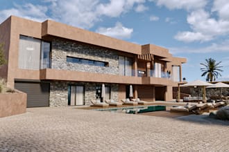 optimized 3d exterior house render, backyard, swimming pool patio, pergola deck