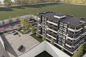 redesign 3d modern story building, apartment, hotel environment, cgi landscape