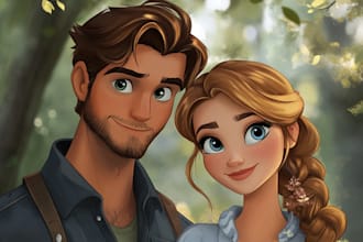 draw disney couple portrait illustration, family portrait