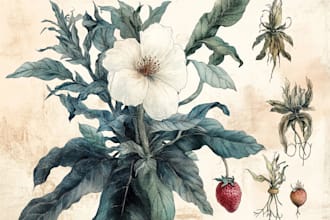 make watercolor botanical illustration of flowers, plants, fruits