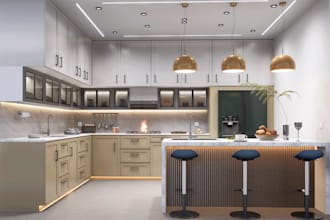 design, model, and render a realistic 3d kitchen interior