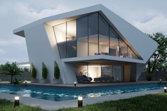 build 3d modern minimalist residence ,glazing house exterior ,pool design, patio