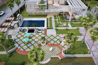 create luxury farm house design, visualization water pool,3d model,3d front yard